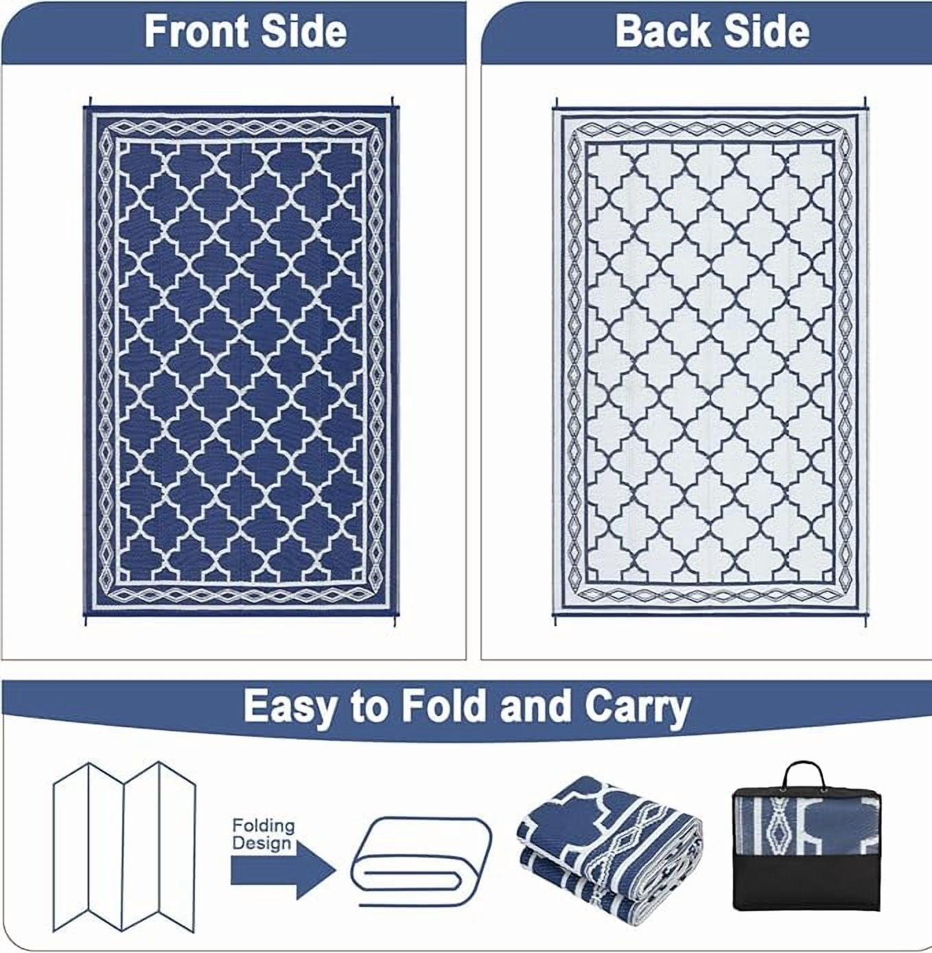 Outdoor Rug 8x10 Reversible Mats, Plastic Straw Rug, Large Floor Mat and Rug for Outdoors, Modern Area Rug, Patio, Backyard, Deck, Picnic, Beach, Trailer, Camping, Navy/White(Geometric)