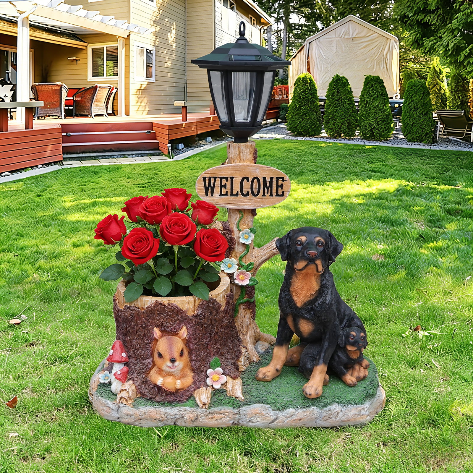 Aukfa Rottweiler Dog Planter Statue with WELCOME Sign & Solar LED Light, Outdoor Garden Balcony Lawn Decor