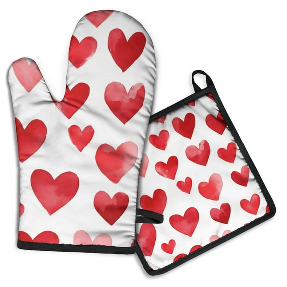 Valentine's Day Heart Pattern Kitchen Oven Mitt and Pot Holder Sets 2 Pcs for Baking, Cooking and Grilling, Heat Resistant Up To 392 °F