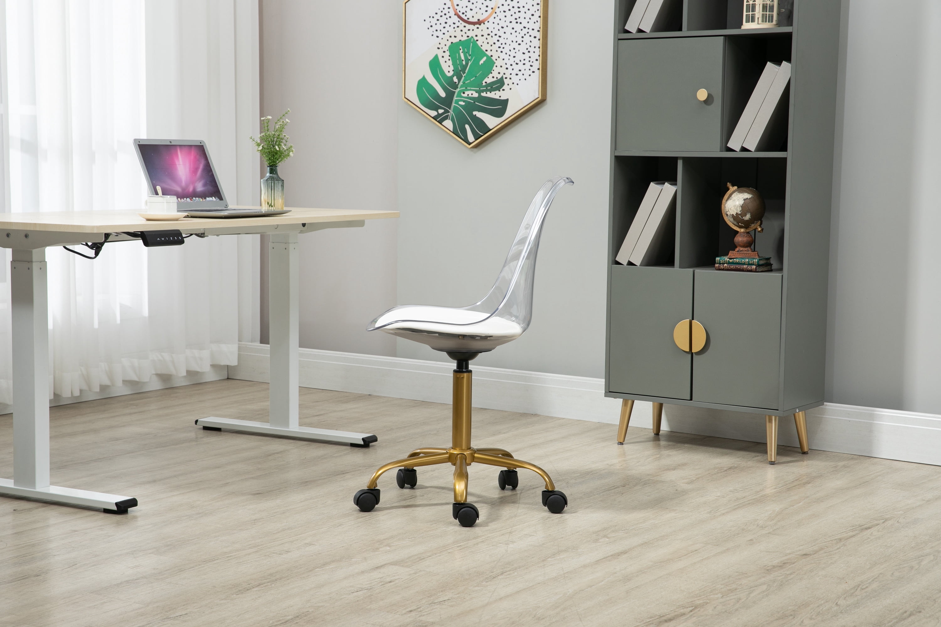 Luccalily Clear Acrylic Rolling Chair With Cushion,Modern Small Cute Armless Vanity Rolling Plastic Chair Home Office Lucite Ghost Chairs Cushion Padded with Adjustable Height and Golden Wheels