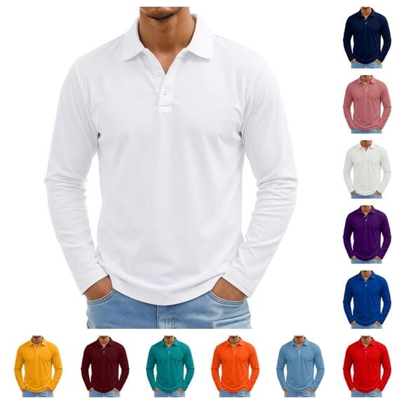 gzxflxpge Men Long Sleeve Golf Shirt Casual Streetwear Lapel Button Up Golf Tshirts Funky Relaxed Fit Pure Color Tops for Outdoor White M