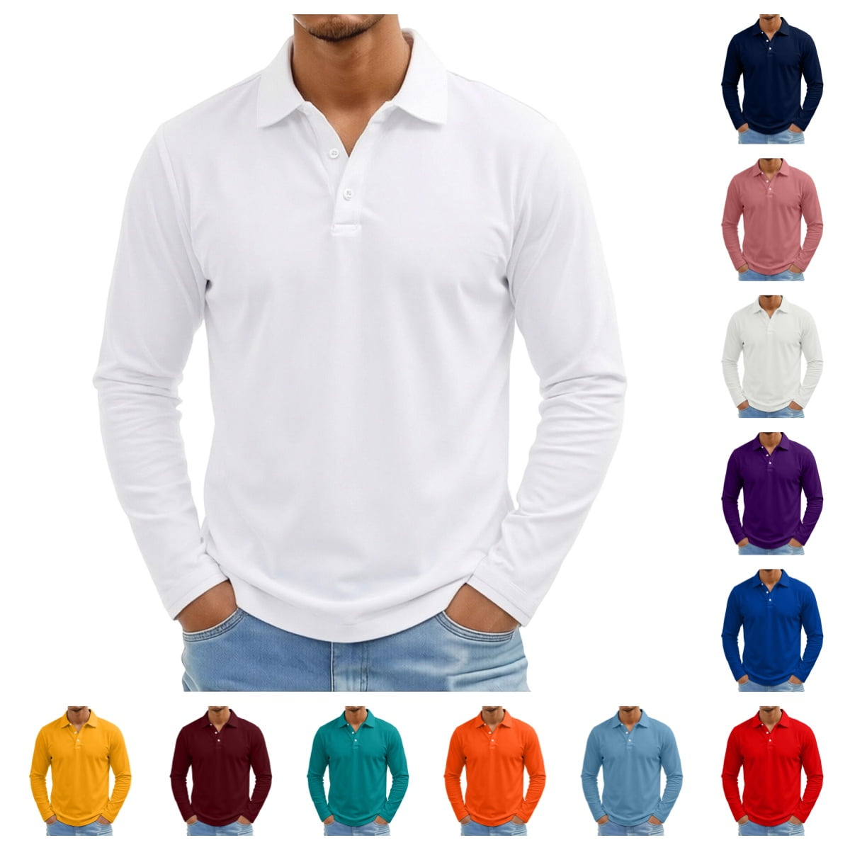 gzxflxpge Men Long Sleeve Golf Shirt Casual Classic Collared Button Up Golf Tshirts Stylish Loose Fit Pure Color Pullover for Vacation White L