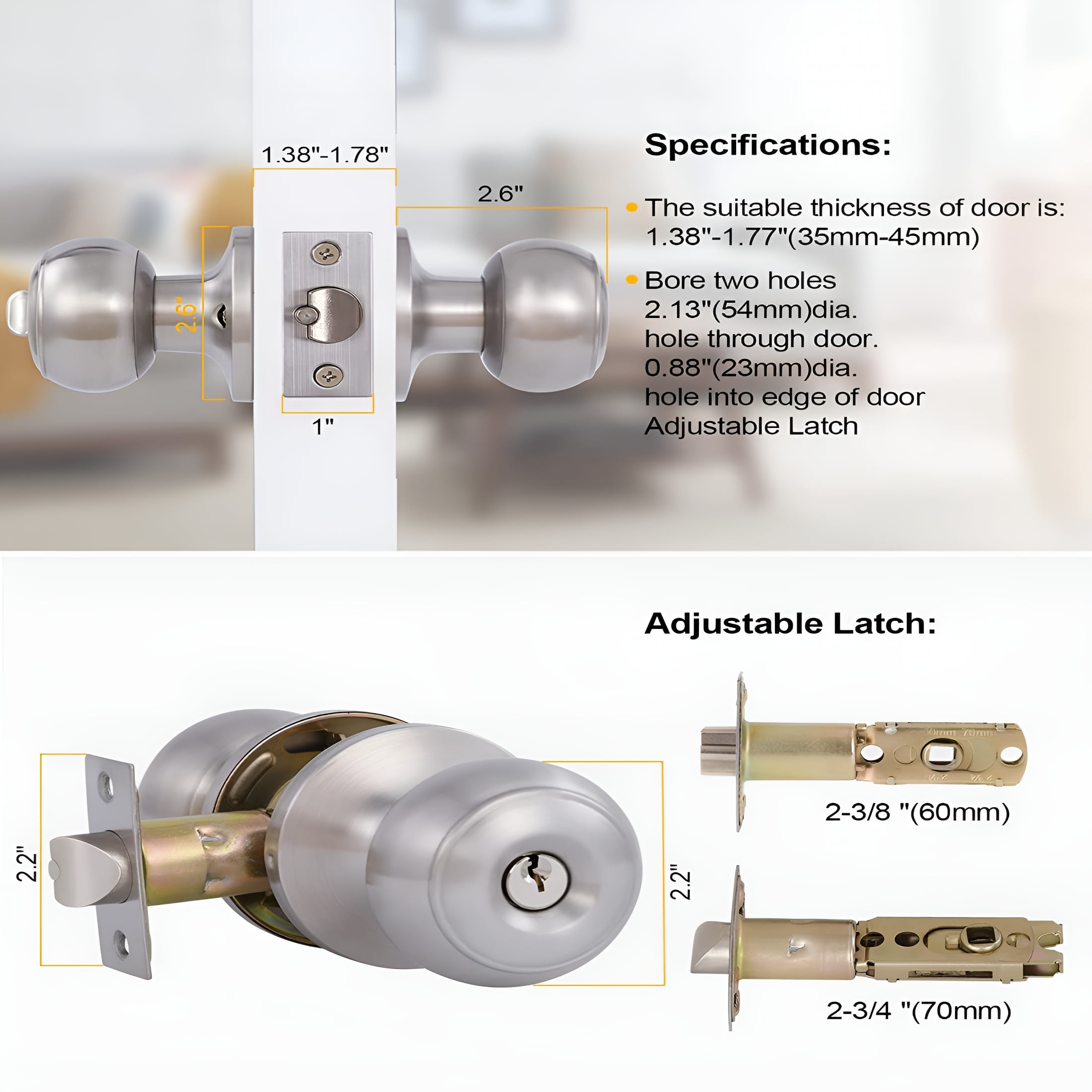 TALENO 2 Pack Entry Door Knob with Lock and Keys All Alike,Exterior/Interior Door Handles for Bedroom or Bathroom,Satin Stainless Steel Door Knobs for Front Door