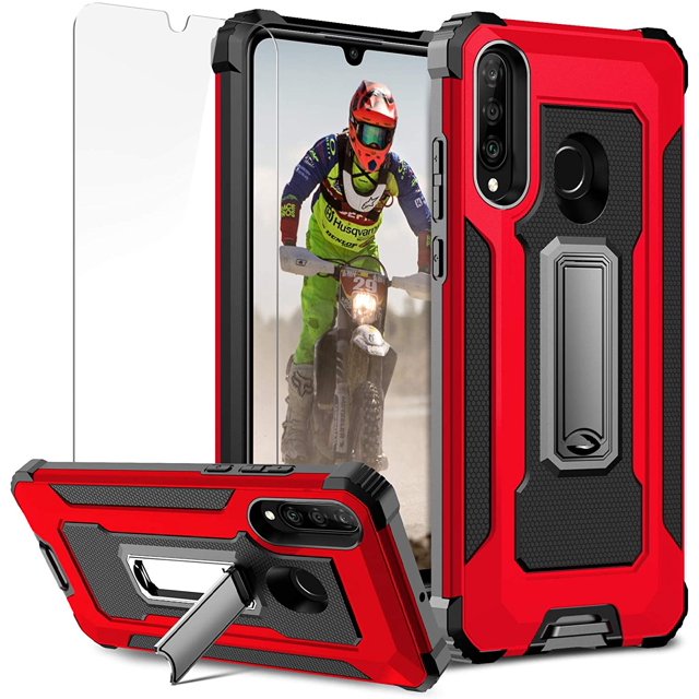 IBAOLE for Huawei P30 Lite Case Rugged Military Dual Layer Huawei P30 Lite Case with Screen Protector Metal Kickstand Heavy Duty Full Protection Shockproof Case for Huawei P30 Lite,Blue Red