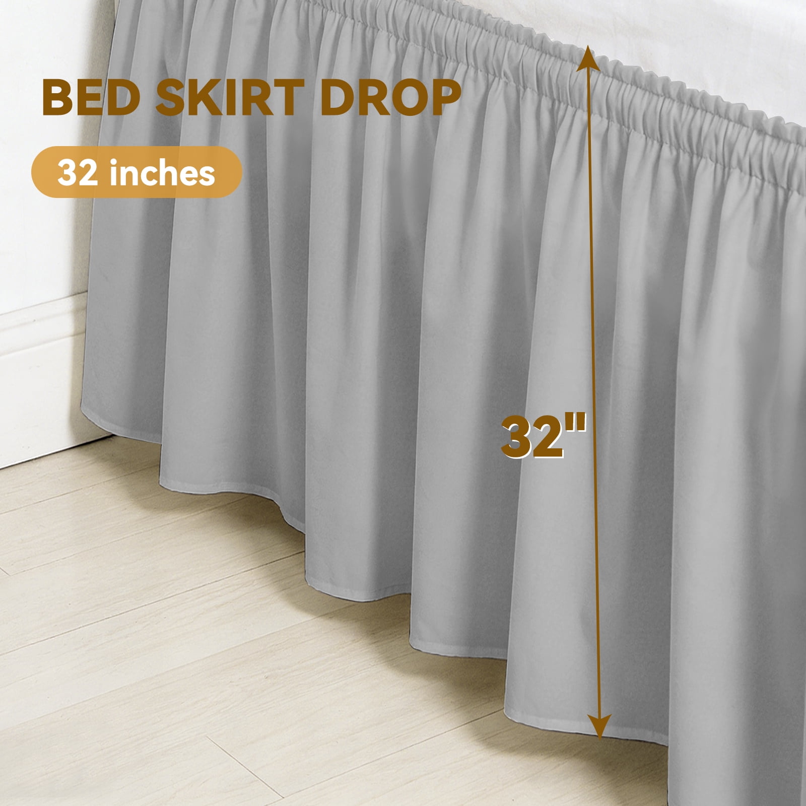 Gray Dorm Bed Skirt, Twin XL Size with 32" Drop, Easy Wrap-Around Elastic Design & Machine Washable Solid Fabric for Bedroom Decor