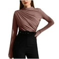 thumbnail image 2 of Tawop Women Shirts Womens Tee Shirts Round Neck Long Sleeve Pleated Slim Plaid Brown M(Us:6), 2 of 8