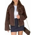 thumbnail image 2 of Female Faux Suede -Jacket Zipper Pilot Coat Casual Lapel Oversized Long Sleeves Y2K Outerwear Coats Brown L, 2 of 9