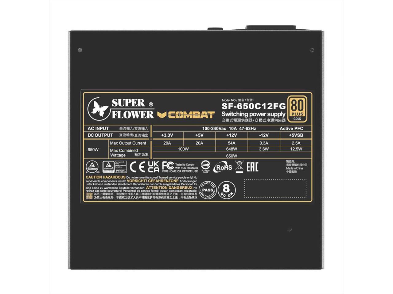Super Flower Combat FG 650W 80+ Gold, Full Modular, ATX 3.1 / PCIe 5.0, W/12V-2x6 Cable (2x8pin - 16pin native cables) , Power Supply, FDB Fan, SF-650C12FG, Black version