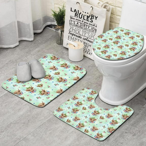 Green Highland Cow Flower Pattern Bathroom Rugs Sets 3 Piece,Toilet Cover Set,Absorbent Non Slip Bathroom Mats Sets with U-Shaped Contour Rug Toilet Rug Set