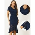 thumbnail image 2 of Unique Bargains Women's Floral Lace V Neck Ruffle Mermaid Bodycon Dresses L Navy Blue, 2 of 6