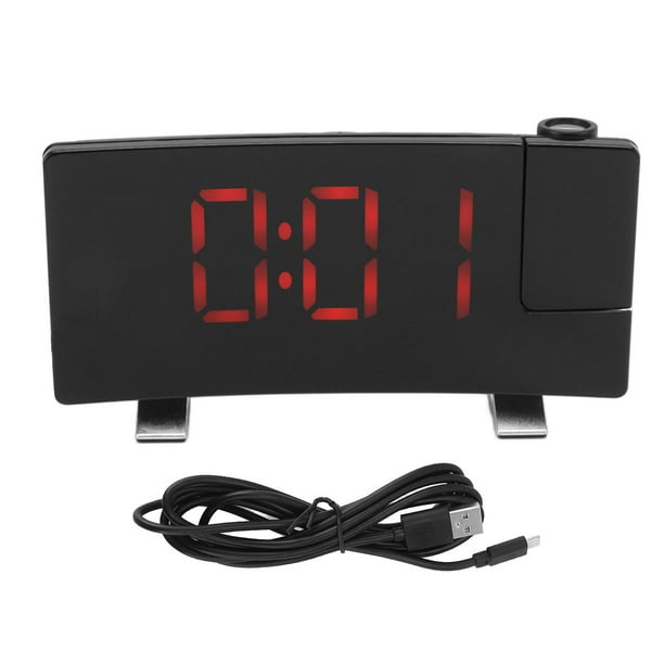 Projection Radio Alarm Clock, LED Display, Electronic Clock, Curved Screen, Digital Alarm Clock, Black Body, Red Letters