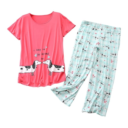 VISALY Women s Cotton Pajama Set Cute Pajama Sets Crewneck Short Sleeve Shirt Capri Pants Print Sleepwear Loungewear Sets Lightweight Summer Pajamas Matching Pajama Set Watermelon Red Xl