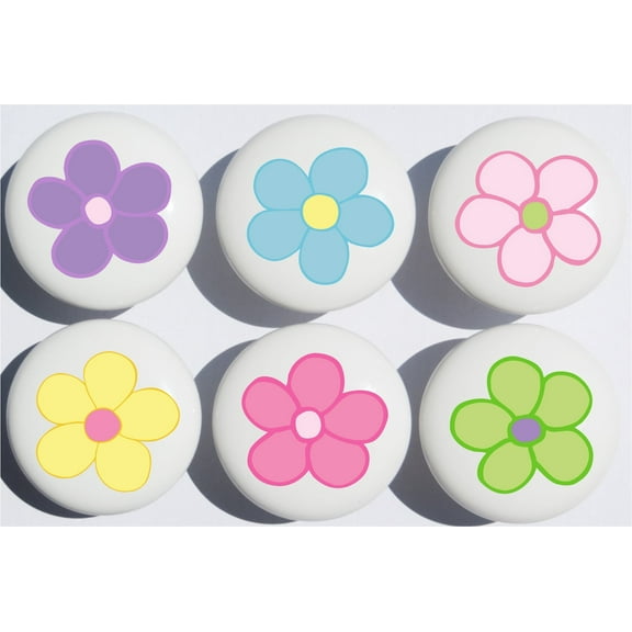 Pastel Daisy Flower Drawer Pulls  Gloss Ceramic Nursery Cabinet Knobs, Set of 6