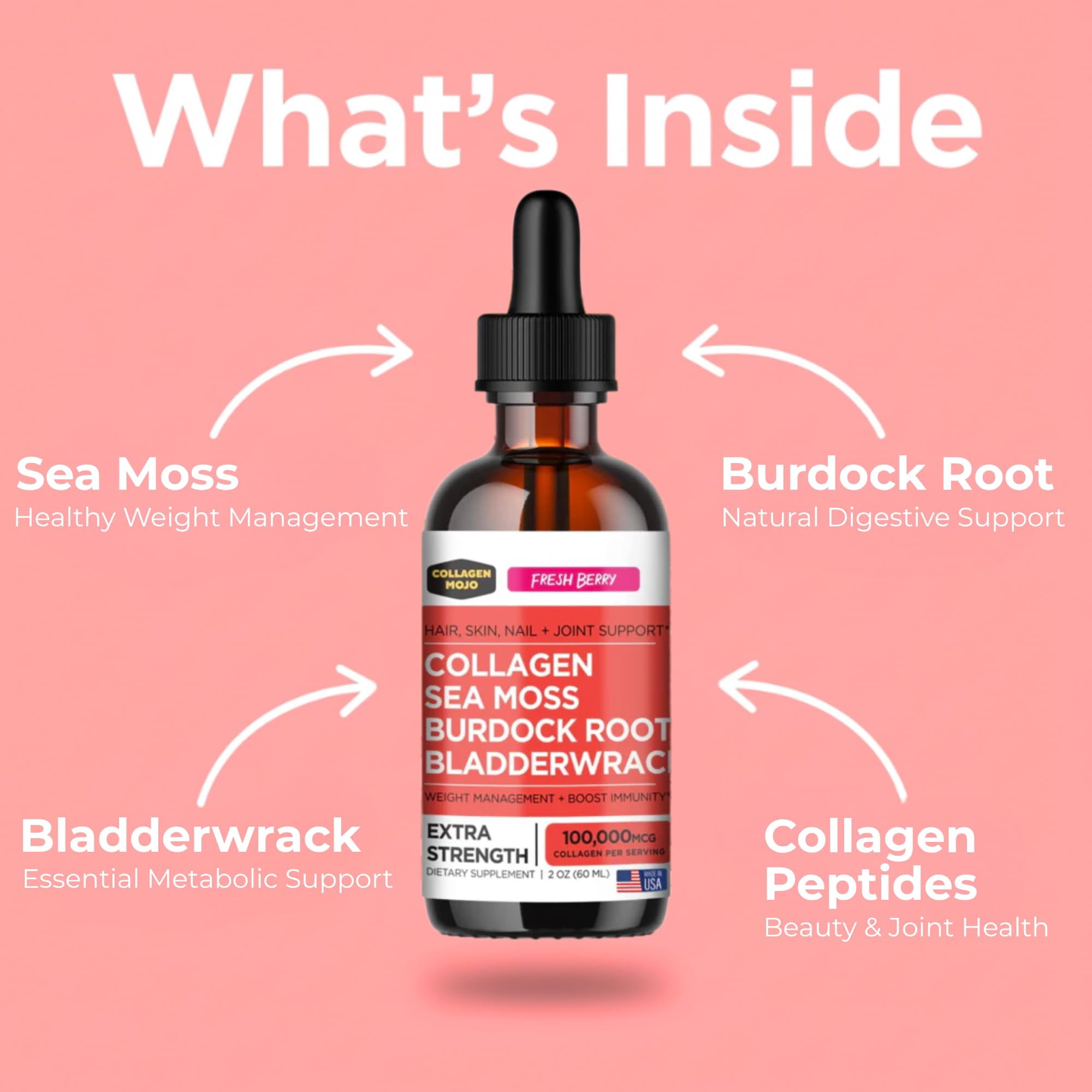 Liquid Collagen Peptides with Sea Moss, Burdock Root & Bladderwrack - High Potency/Absorption Formula. Hair, Skin, Nail + Joint Support. Weight Management & Immunity Booster – Collagen Mojo - 2 oz.