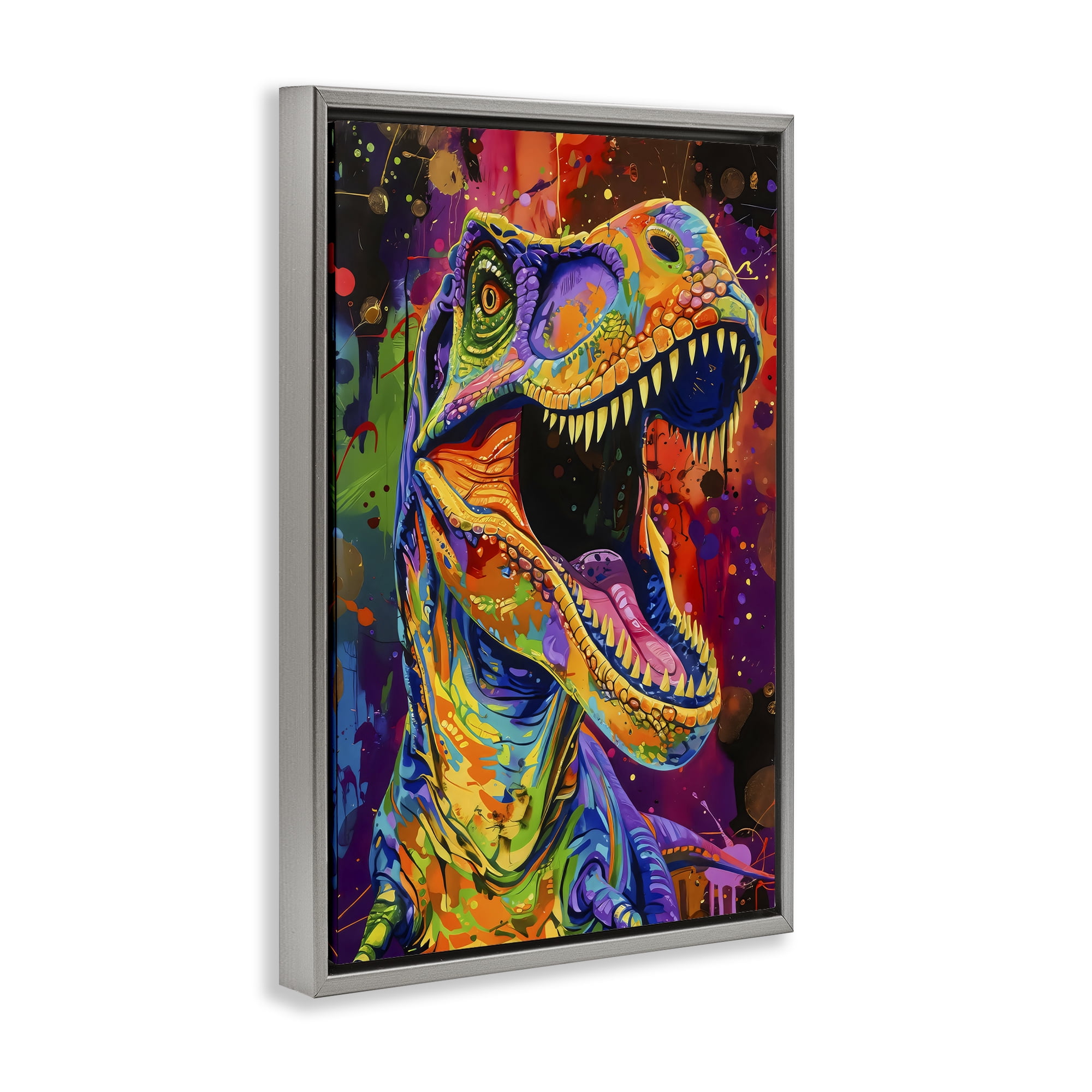 Stupell Industries Paint Splatter Urban T-Rex Gray Framed Floater Canvas Wall Art, design by Creative Studio