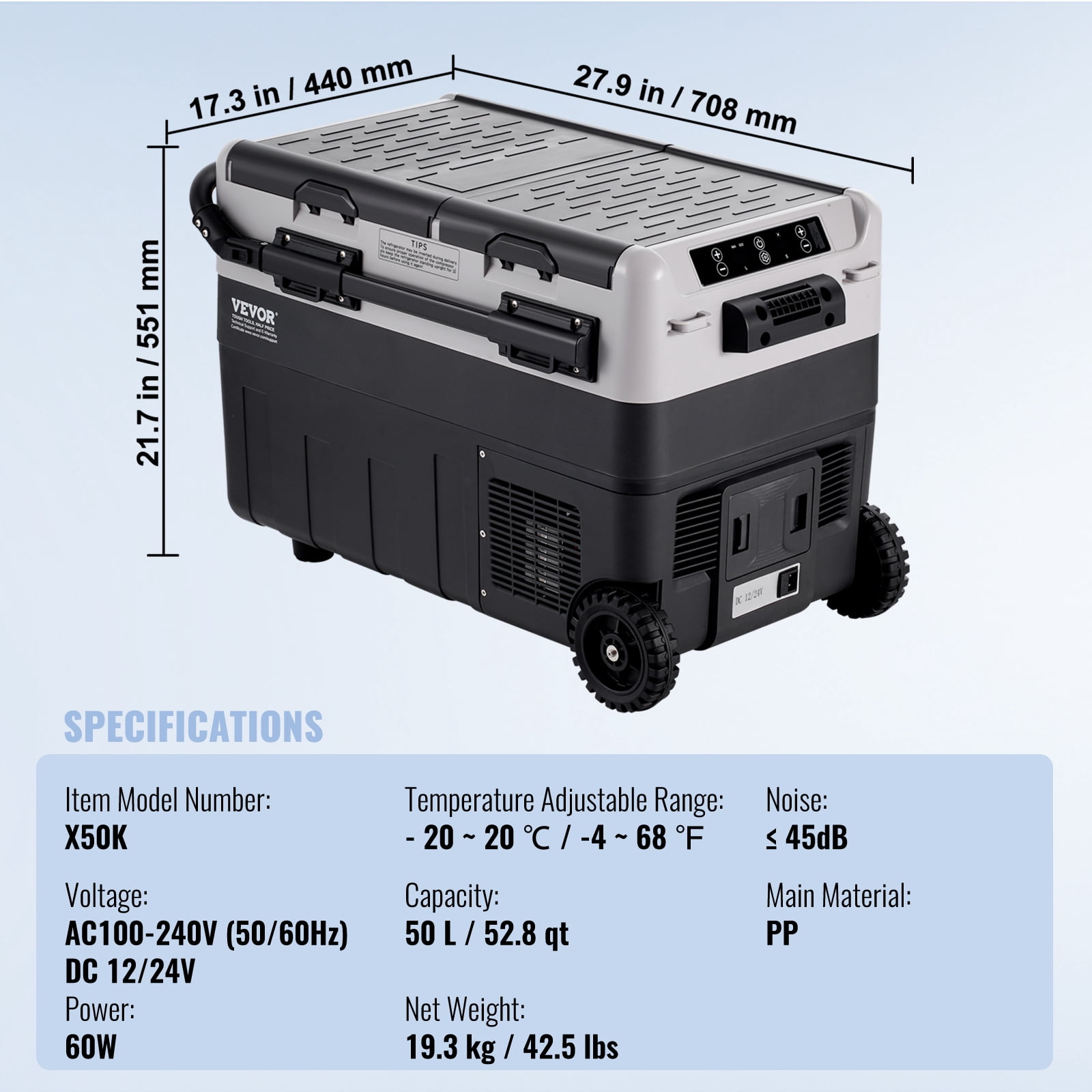 VEVOR Portable Car Refrigerator, 12 Volt Car Refrigerator Fridge, 50 L / 52.8 QT Dual Zone Portable Freezer, -4℉-68℉ Adjustable Temperature, Compressor Cooler