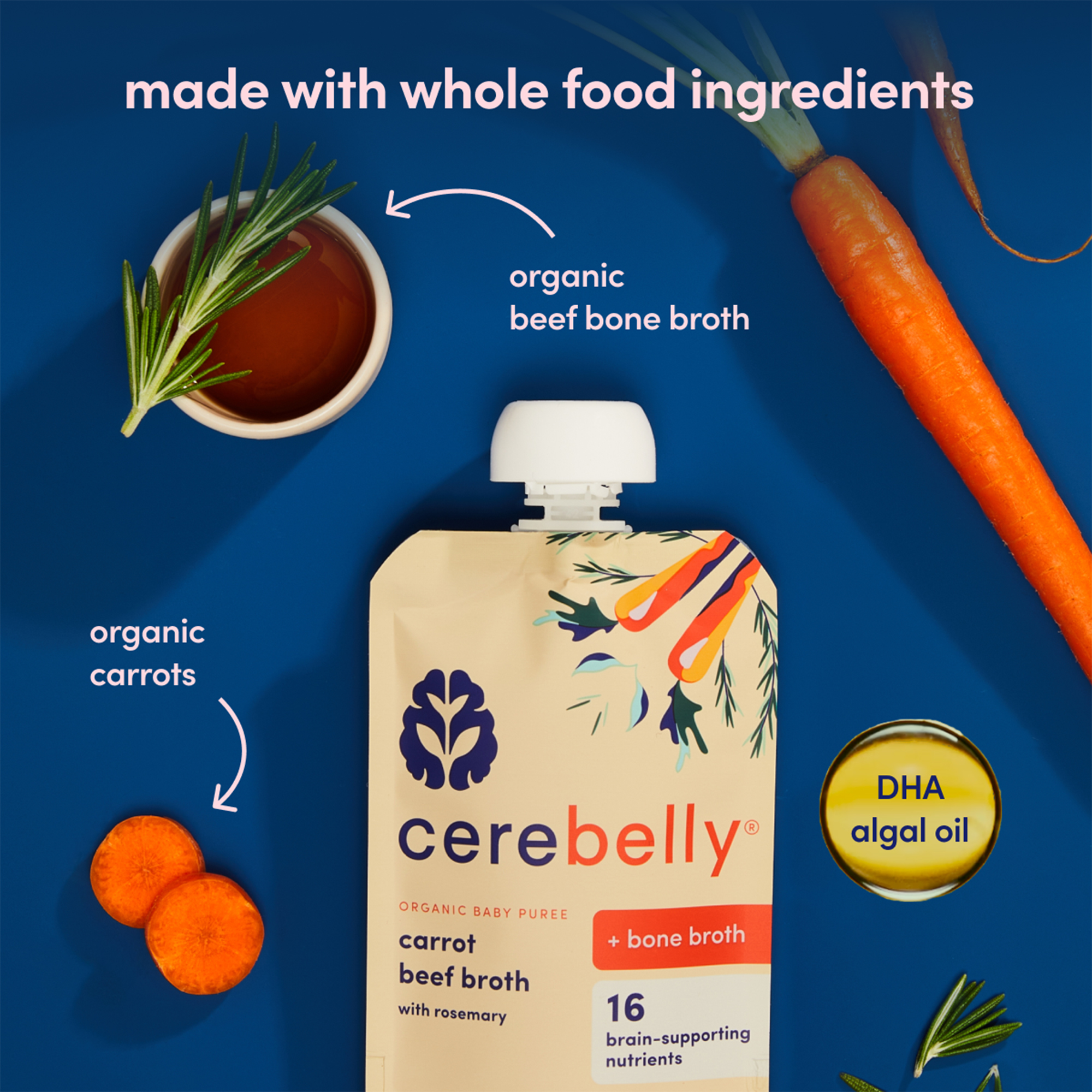 (12 pack) Cerebelly Organic Stage 2 Carrot Beef Bone Broth with Rosemary Baby Food, 4 oz Pouch