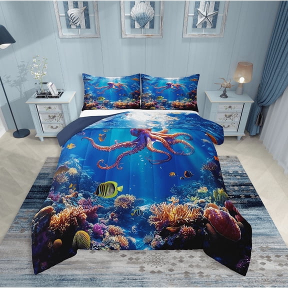 Erosebridal Sea Octopus Comforter Sets,Marine Wildlife Comforters & Duvets,Underwater World Decor,Reversible,Breathable,2pcs