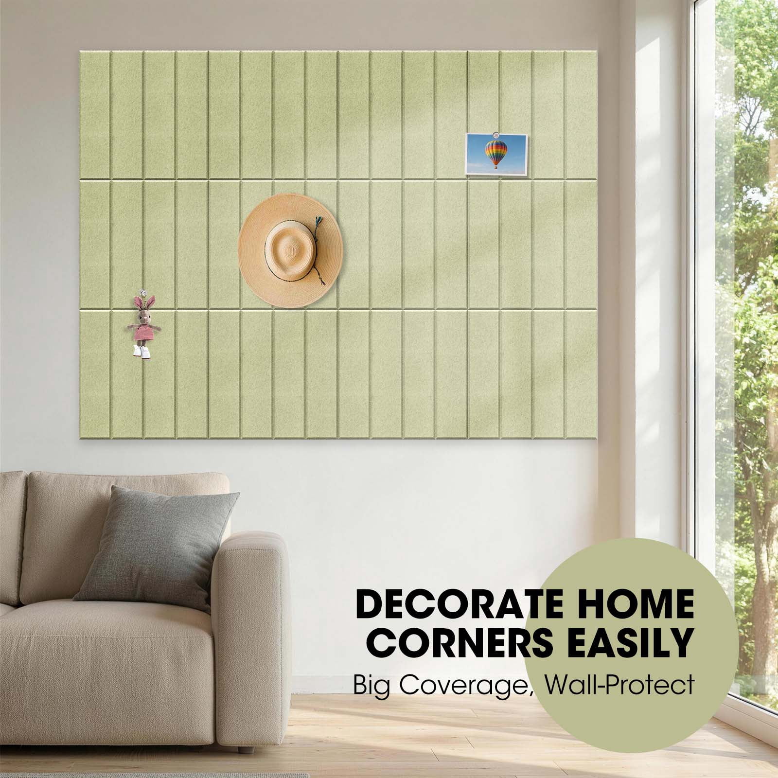 Felt Bulletin Board Tiles Large 48" x 36" Cork Board Alternative-12 Pack with 60 Adhesive Tabs, Thick Slat Wall Panels for Office Decor, Push Pin Board Wall Organizer Alternative -Pale Green