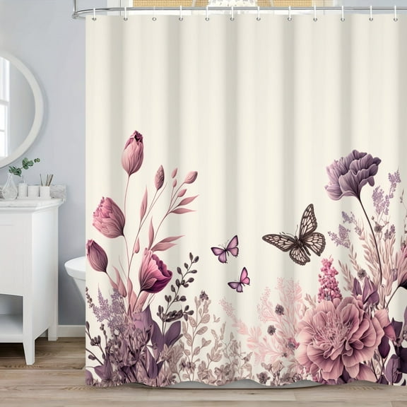 MIZHONA Spring Purple Floral Shower Curtain Butterfly and Flowers Bathroom Curtain Decor 72"W x 72"L