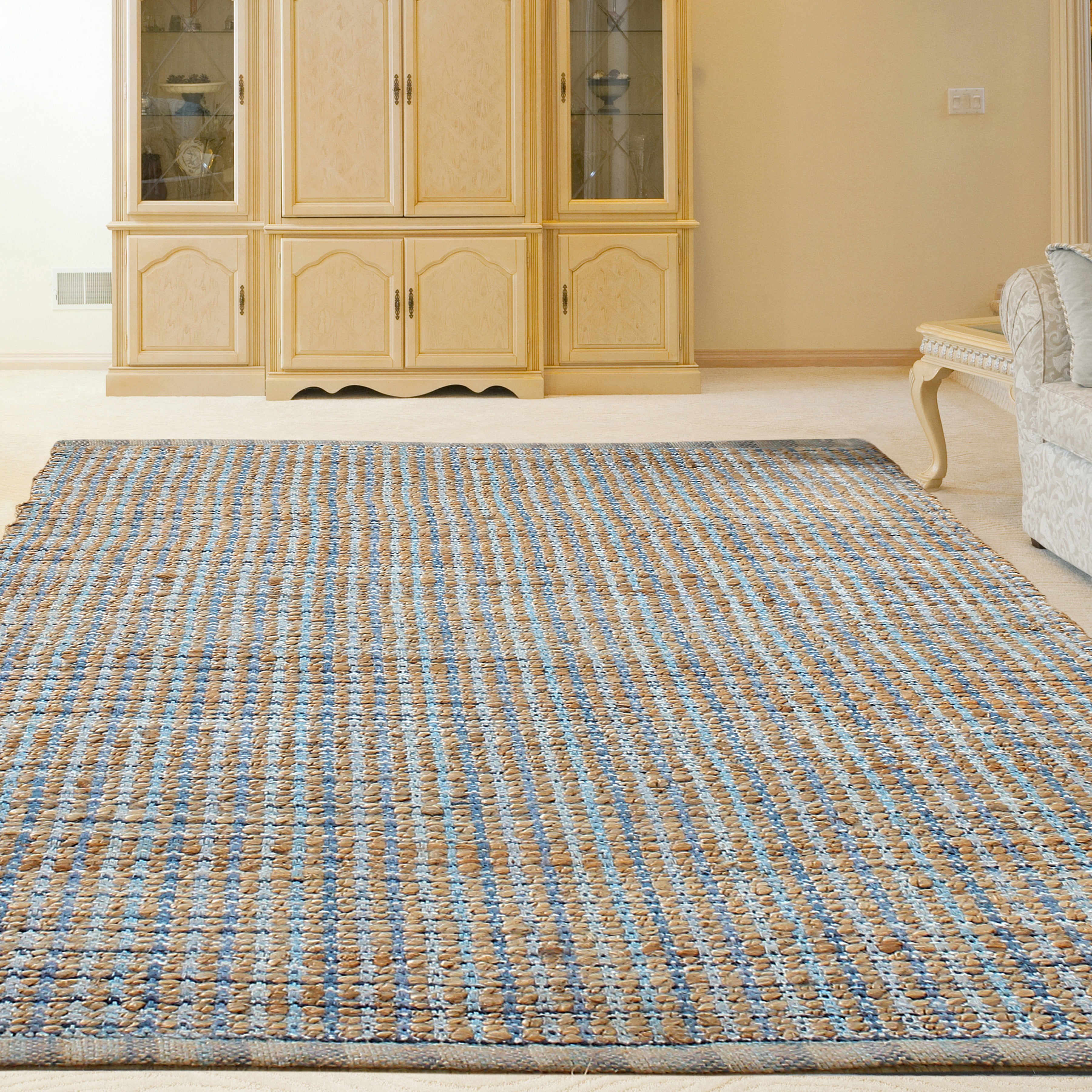 LR Home Natalie Cere Tan/Blue Grid Coastal Jute Blend Area Rug, 5' x 7'9"