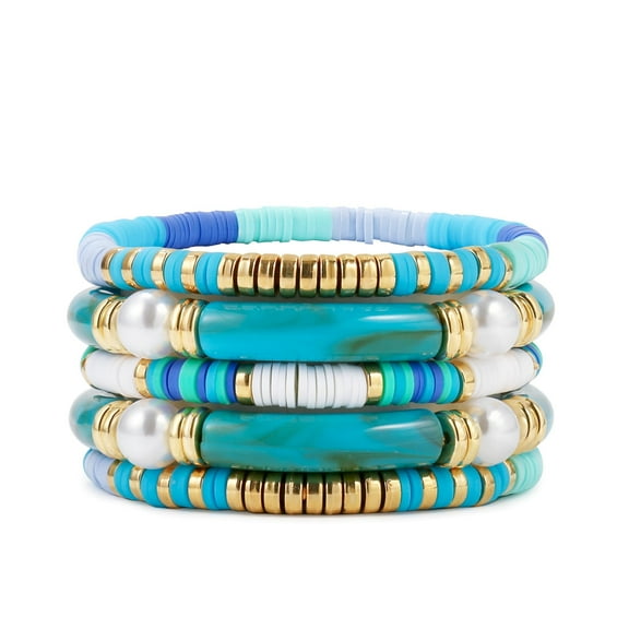 5PCS Boho Beach Bracelets for Women, Colorful Surfer Beaded Chunky Tube Stackable Stretch Bracelets