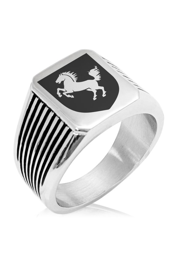 Stainless Steel Horse Battle Coat of Arms Shield Needle Stripe Pattern Biker Style Polished Ring