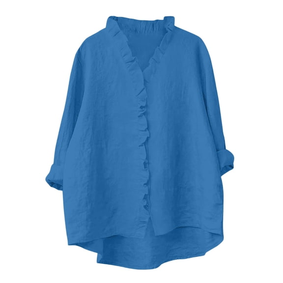 KyCheLot Cotton Linen Shirts for Women V Neck Summer 3/4 Length Sleeve Solid Color Tops Trendy Ruffle Trim Shirts