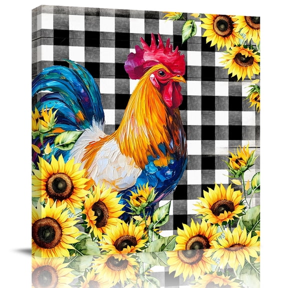 Watercolor Rustic Rooster Sunflower Canvas Artwork Painting Art, Black White Buffalo Check Square Framed Wall Decorations Prints Picture for Bedroom Kitchen Living Room, 16x16 in