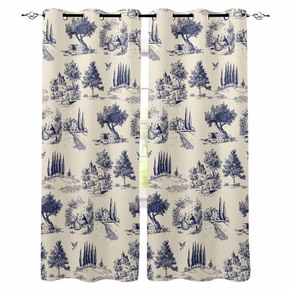 Farmhouse Country Blackout Curtains for Bedroom/Living Room, Thermal Insulated Kitchen Curtains, Vintage Trees Rustic French Garden Birds Grommet Darkening Window Treatment Drapes 52"x72"x2