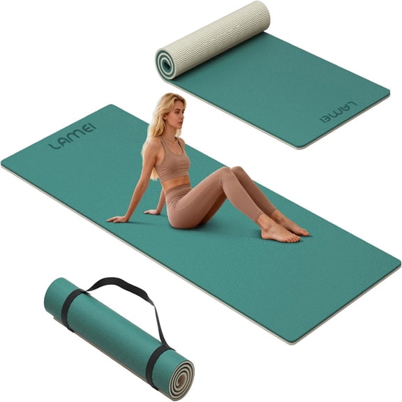 LAMEI Yoga Mat Thick 10mm, 31.5" Extra Wide for Men and Women, Non-Slip TPE Exercise Matt, Two Tone Fitness Mats with Straps for Carrying(Green Beige)