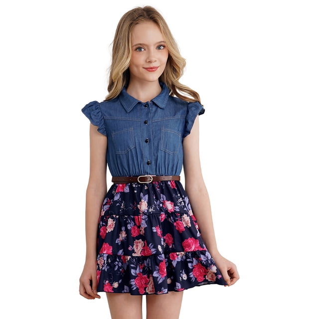 Oyolan Robe en Denim pour Filles, Manches Volantées, Col à Revers, Ourlet à Volants Floral, Robe Trapèze, Robe d'Été Décontractée, Bleu Marine, 10
