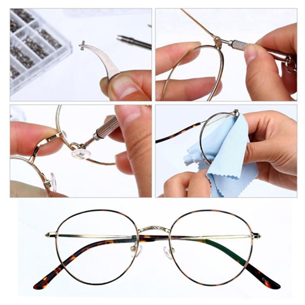 Kabuer Eyeglasses Repair Kit Glasses Repair Kit Stainless Steel Screws and  Nose Pads with Micro Screwdriver Tweezer for Watch 