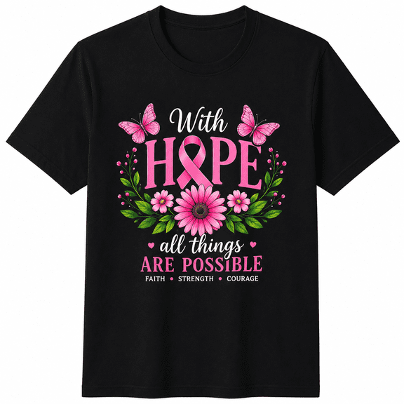Breast Cancer Awareness T-Shirt for Women, Pink Ribbon Hope Floral Graphic Tee, Inspirational Faith Shirt, Survivor Support Gift, Butterfly Flower Casual Short Sleeve Top