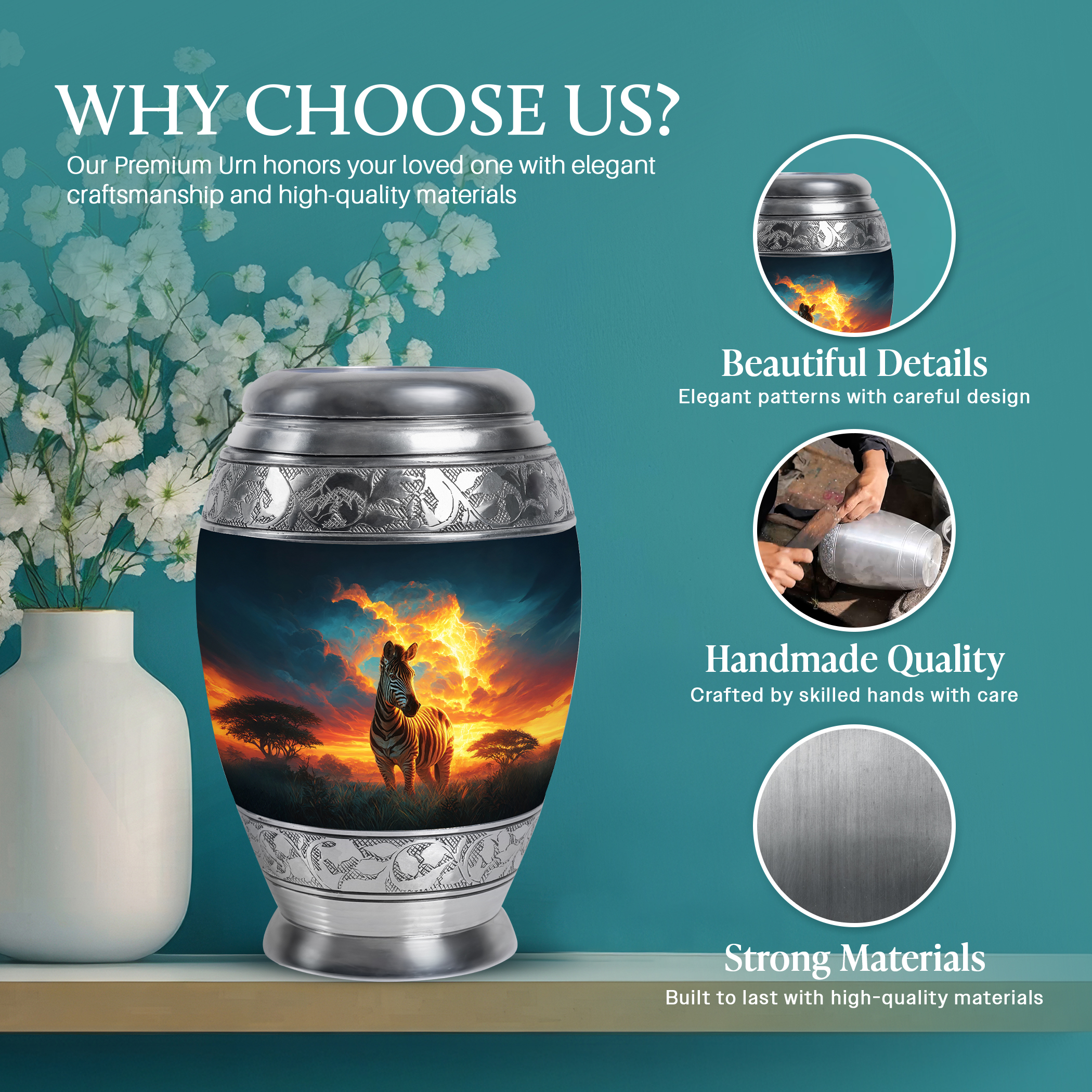 SABURIAL Zebra Ashes Urns - Large Decorative Urns - 10 Inch - Large With Velvet Bag - Cremation For Ashes - Urn For Brother & Sister - Memorial Urn For Adult