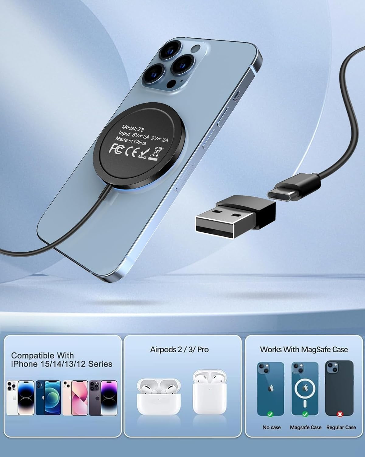 Magnetic Wireless Charger Fast Charging Pad, Compatible with iPhone 17/16/15/14/13/12 Series, AirPods 3/2/Pro/Pro 2, Dual Ports, LED, Black