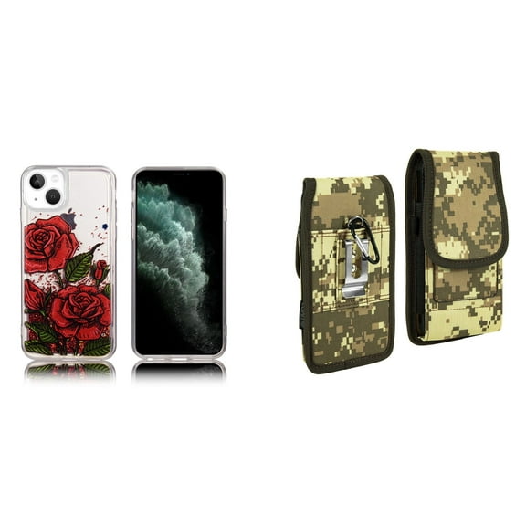 Liquid Glitter Case for iPhone 14 and Belt Holster Pouch (Red Rose/ACU)
