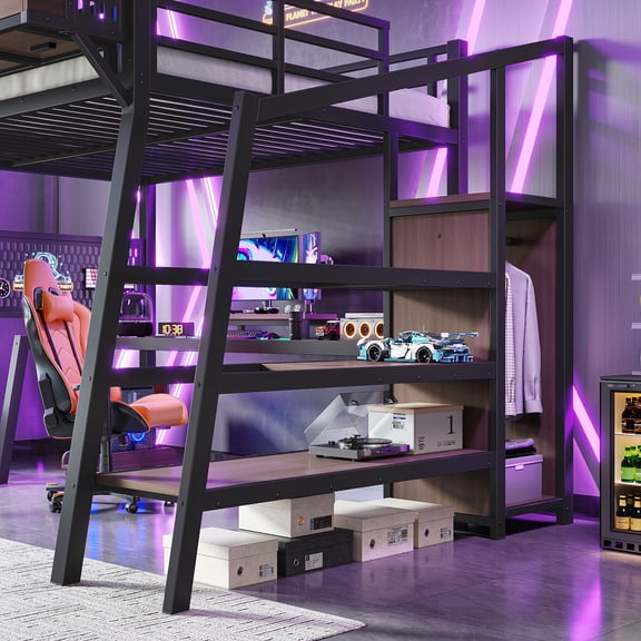 Full Size Metal Loft Bed with Storage Stairs & Built-in Wardrobe, Gaming Loft Bed with Pegboard, USB Ports & LED Lights, Noise-Reduced Frame, Black