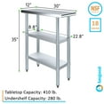 thumbnail image 3 of AmGood 30 in. x 12 in. Stainless Steel Table with Two Undershelves | Metal Utility Kitchen Prep Work Table | NSF, 3 of 9