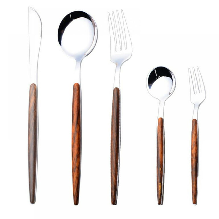 Wood Handle Silverware Flatware,Gold Silver Dinner Spoons, Knife And Fork  Set Fruit Fork Stir Small Spoon Tableware