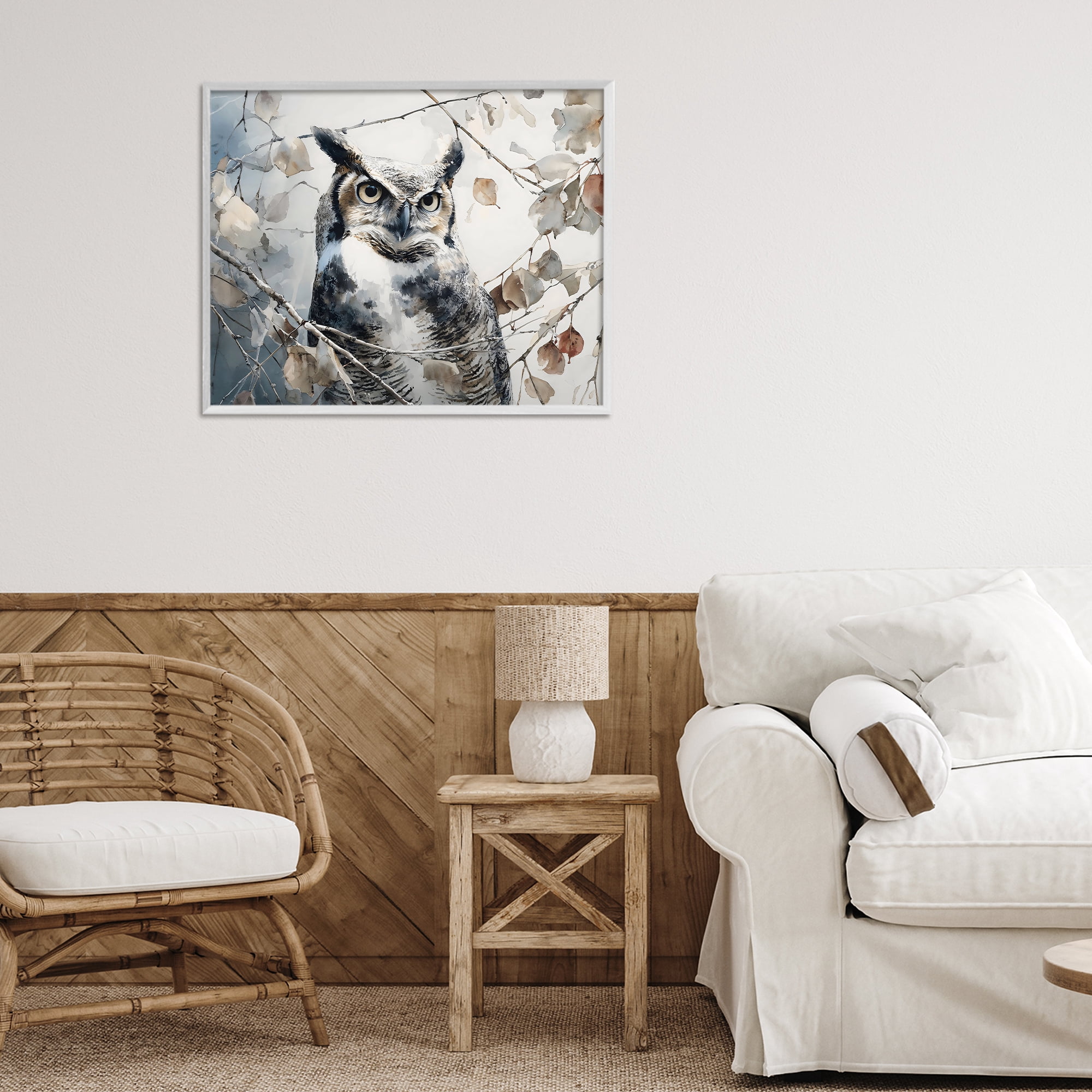 Stupell Industries Horned Owl Perched White Framed Giclee Art, design by Franklyn Gregory