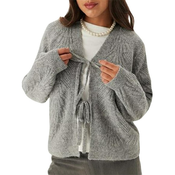Gupgi Women Tie Front Knitted Cardigan Long Sleeve Open Front Loose Sweater Solid Color Knitwear Tops