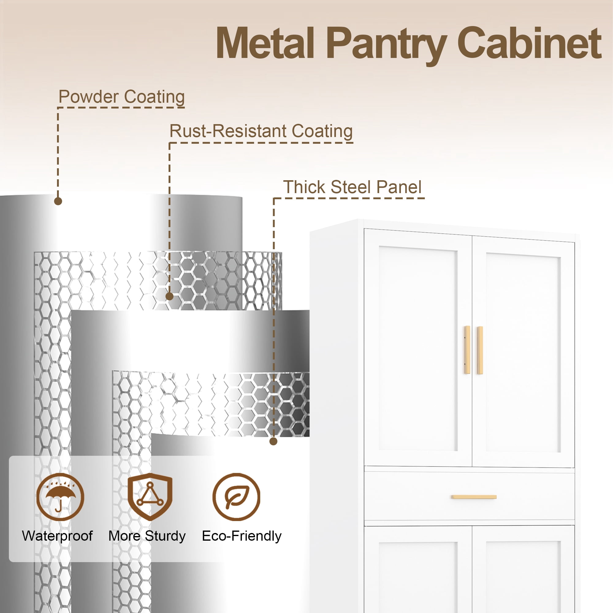 Metal Kitchen Pantry Cabinet, 71"Tall Cabinet with 1 Drawer, Doors and 2 Adjustable Shelves, Pantry Cabinets for Kitchen Storage, Metal Storage Cabinet for Kitchen, Dining Room, Living Room- White