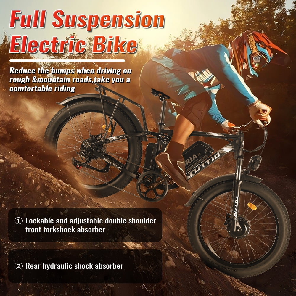 TUTTIO Adria26 Electric Mountain Bike for Adults Teen with Helmet, 5000W Men Off-Road Ebike, 26" Fat Tire Full Suspension Electric Bicycles, 7 Speed, 52V 30Ah Battery, Max 46Mph UL2849