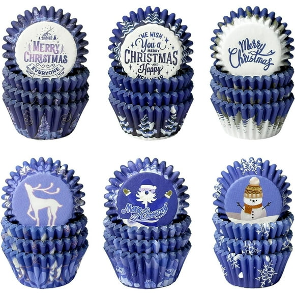 shiyou-Christmas Mini Cupcake Liners Cupcake Cups 300-Count Food Grade 6 Original Design Christmas Blue Snowflakes Cupcake Papers Baking Cups Cupcake Wrappers(Small Size)