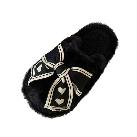 Xfvqtps Fuzzy Slippers for Women Bow Love Embroidery Fake Fur Close Toe Soft Sole Slide House Slippers for Indoor Bedroom Furry Slipper for Winter Fall Black