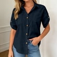 thumbnail image 6 of FINALGANG Womens Lapel Collar Roll Tab Short Sleeve Solid Color Dual Bust Pocket Curved Hem Loose Button Down Shirt Relaxed Fit For Ladies Office Daily Outdoor Outing Navy M, 6 of 6