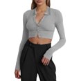 thumbnail image 1 of Diconna Women Crop Ribbed Tops Solid Color Long Sleeve Basic Shirt Casual Button Cardigan for Club Streetwear, 1 of 5