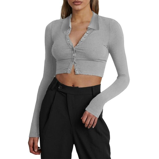 Diconna Women Crop Ribbed Tops Solid Color Long Sleeve Basic Shirt Casual Button Cardigan for Club Streetwear