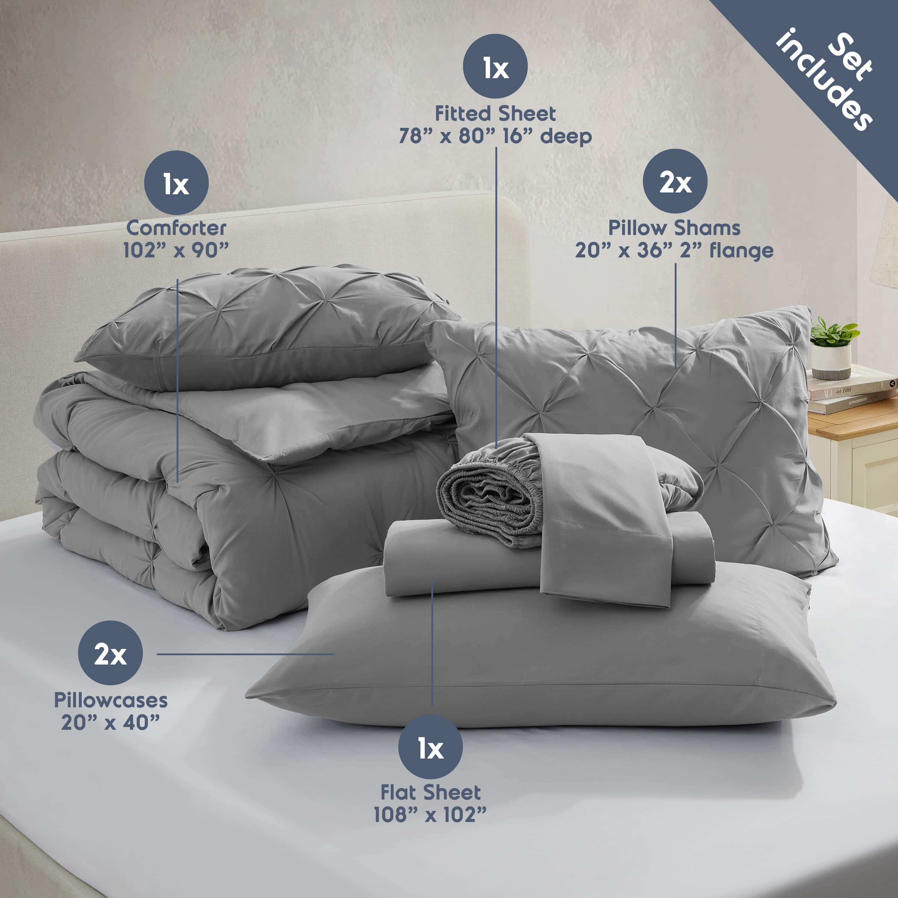 LammaLoe King Size comforter Sets, 7 Piece Bed In A Bag Pintuck Bedding Setss , Grey